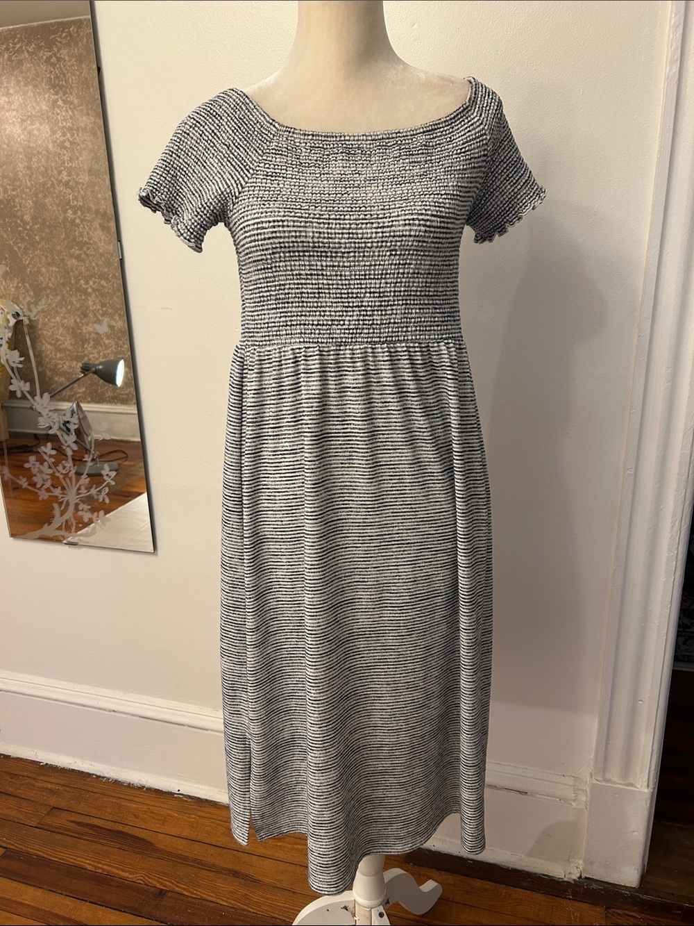 GAP Black & White Striped Smocked Midi Dress